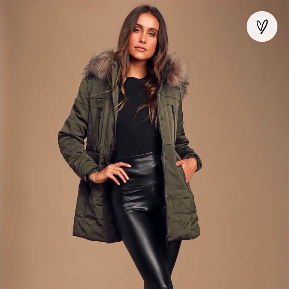 Snowpack Faux Fur Hooded Zipper Pockets Olive Green Coat Puffer Jacket Small